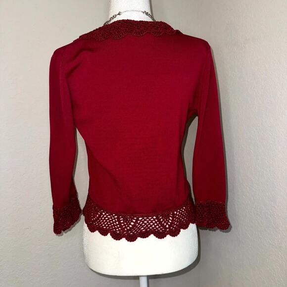 VTG Joseph A Cardigan Sweater Womens S Red Crochet Lace Trim Open Front Coquette - Picture 3 of 9